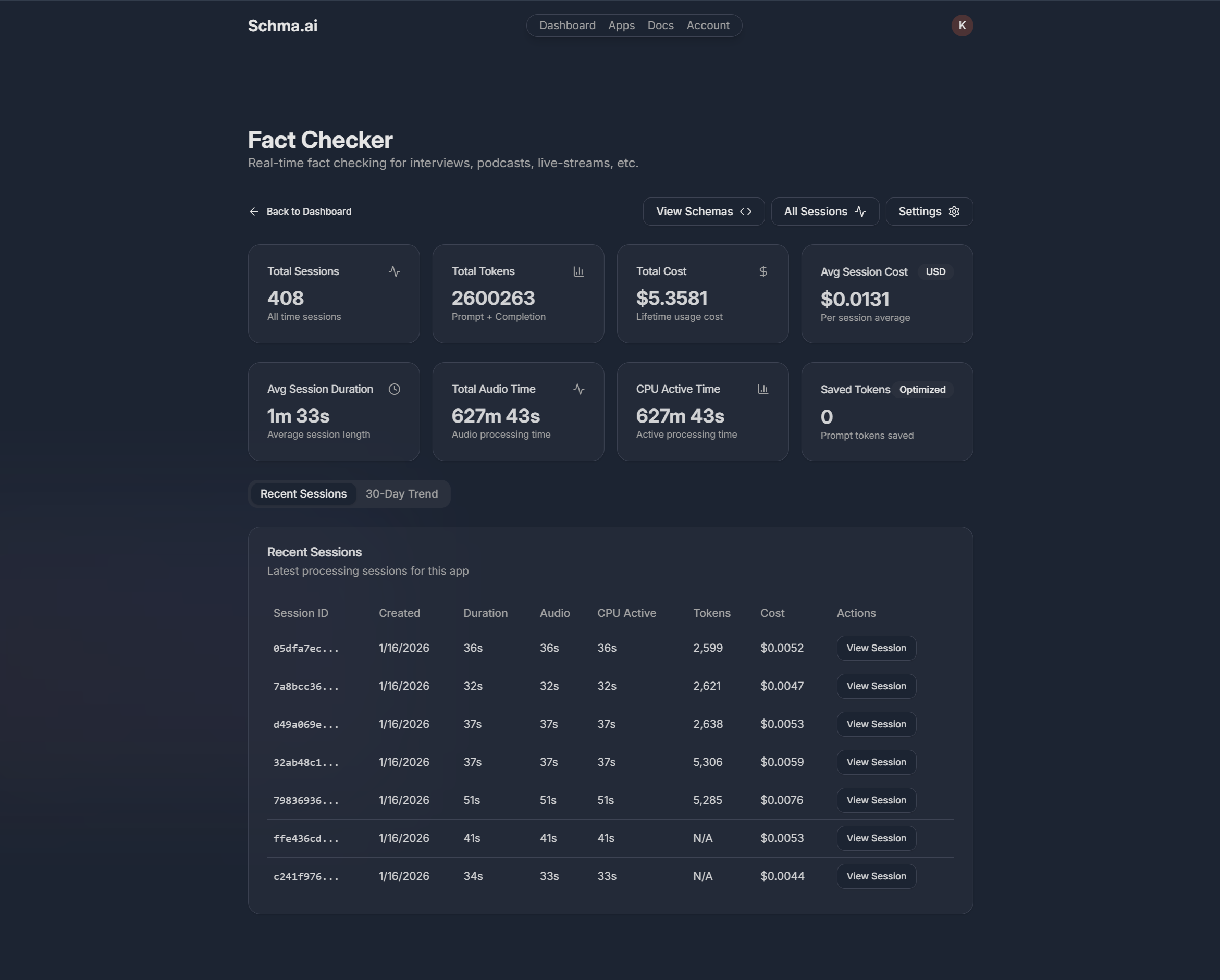 Schma Real-Time Voice Backend apps view showing the app list and session history overview.