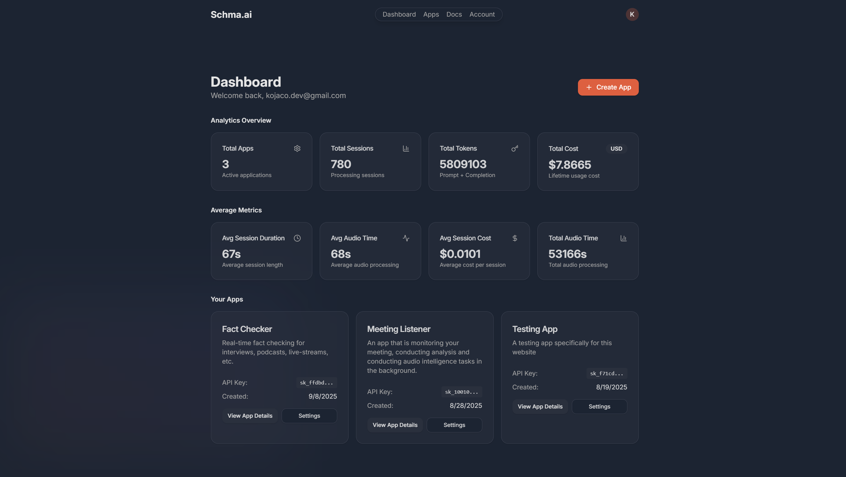 Schma Real-Time Voice Backend dashboard entry view showing app statistics and session history overview.